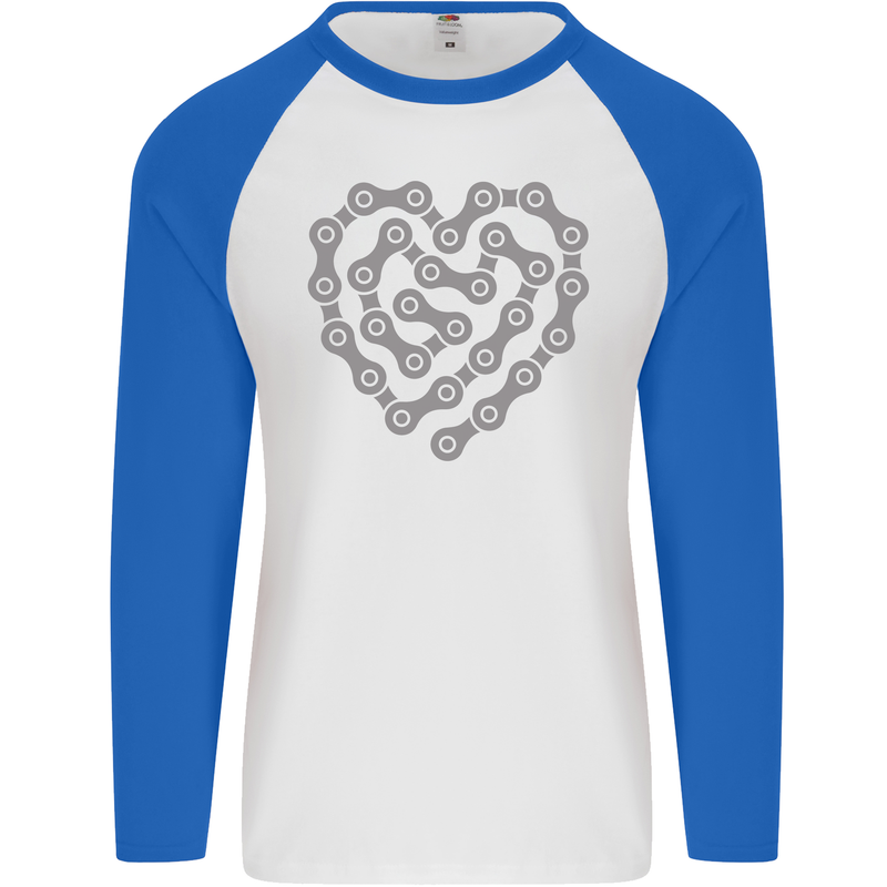 Bike Heart Chain Cycling Biker Motorcycle Mens L/S Baseball T-Shirt White/Royal Blue