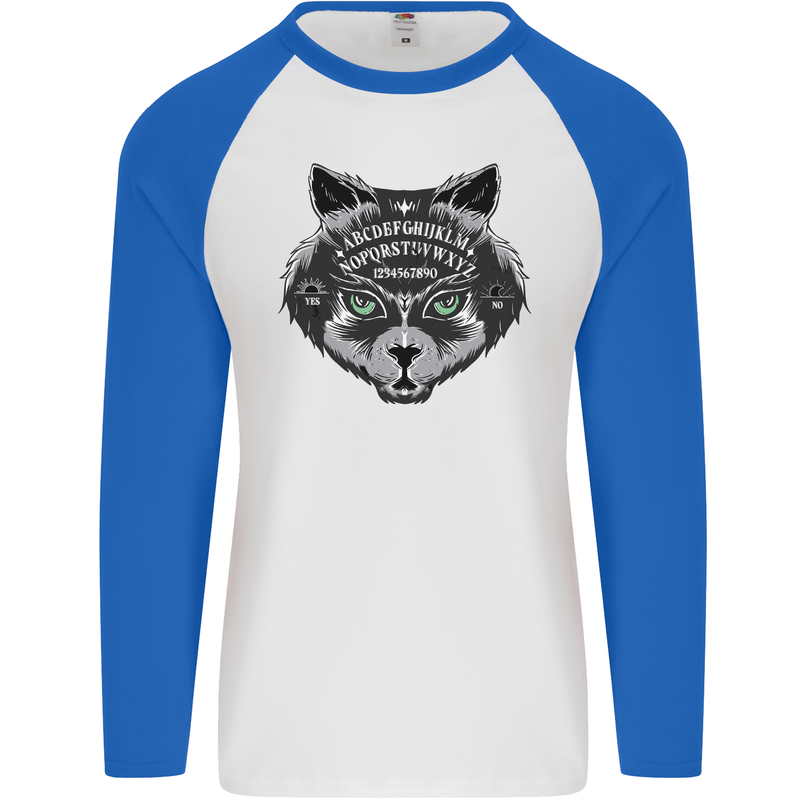 Ouija Board Cat Dark Black Magic Voodoo Mens L/S Baseball T-Shirt White/Royal Blue