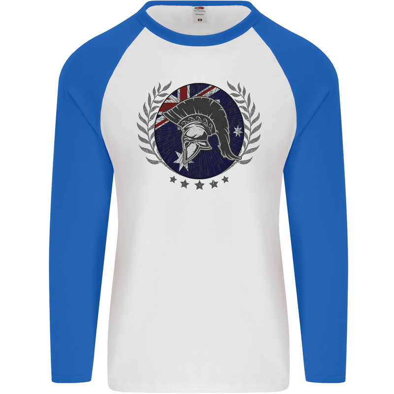 Australian Bodybuilding Flag Gym Training Spartan Mens L/S Baseball T-Shirt White/Royal Blue