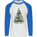 Cat Christmas Tree Mens L/S Baseball T-Shirt White/Royal Blue