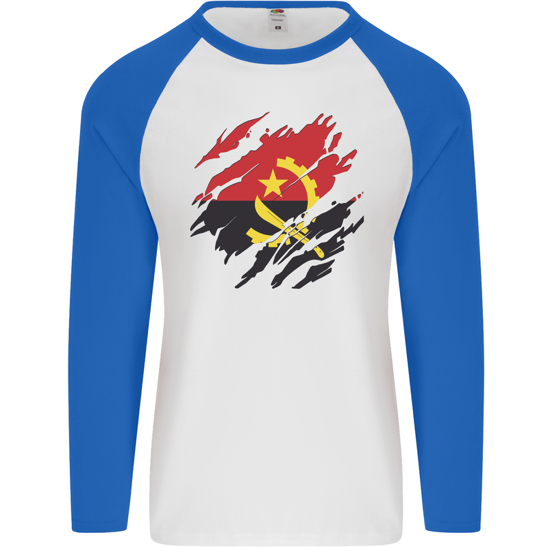 Torn Angola Flag Angolan Day Football Mens L/S Baseball T-Shirt White/Royal Blue