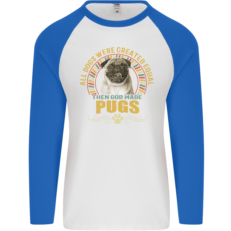 A Pug Dog Mens L/S Baseball T-Shirt White/Royal Blue