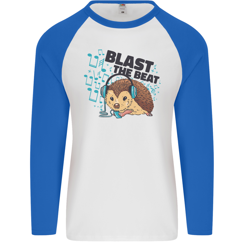 A Music DJ Hedgehog Headphones Dance Mens L/S Baseball T-Shirt White/Royal Blue