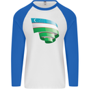 Curled Uzbekistan Flag Ukbek Day Football Mens L/S Baseball T-Shirt White/Royal Blue