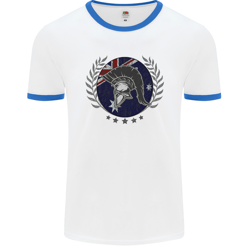 Australian Bodybuilding Flag Gym Training Spartan Mens Ringer T-Shirt White/Royal Blue