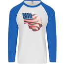 Curled USA Flag Independence Day Football Mens L/S Baseball T-Shirt White/Royal Blue