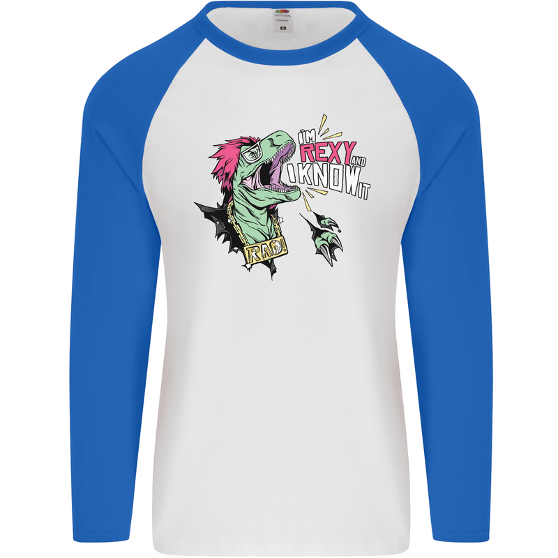 Dinosaurs T-Rex I'm Rexy and I Know It Sexy Mens L/S Baseball T-Shirt White/Royal Blue