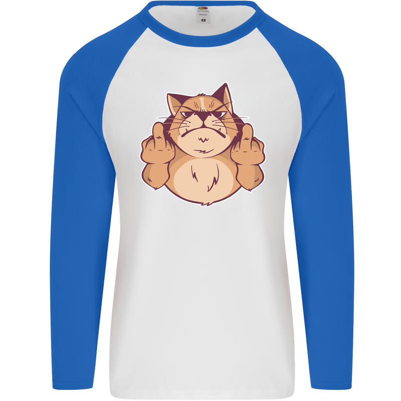 Grumpy Cat Finger Flip Offensive Funny Mens L/S Baseball T-Shirt White/Royal Blue