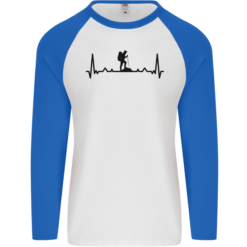 Hiking ECG Walking Rambling Trekking Pulse Mens L/S Baseball T-Shirt White/Royal Blue