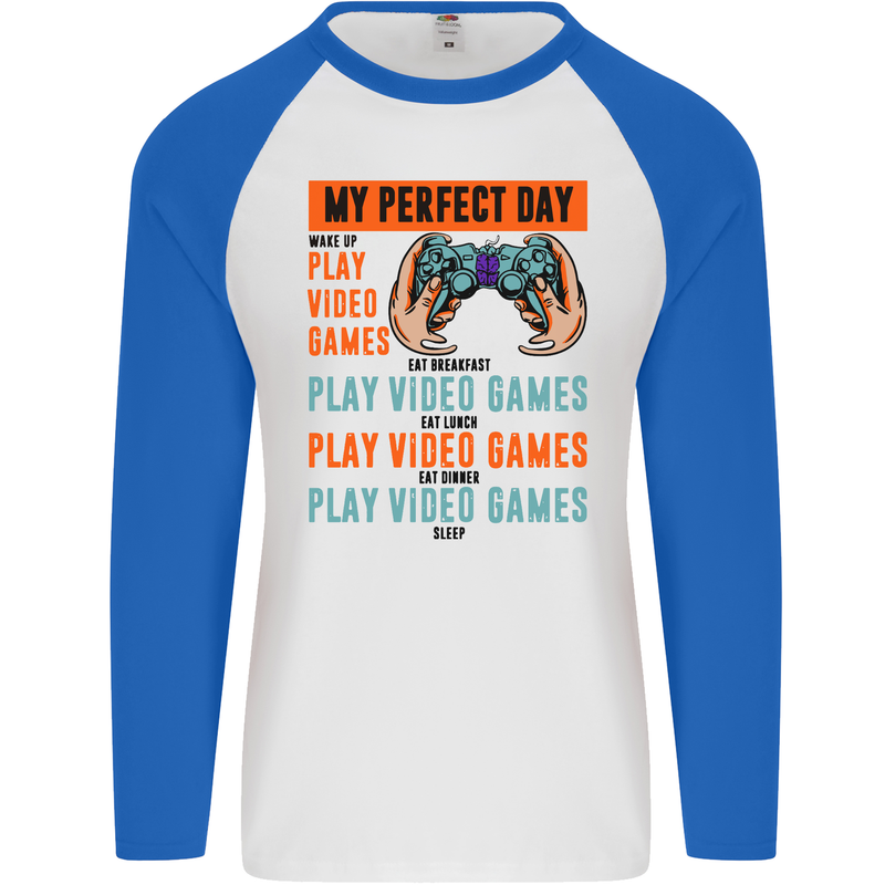 My Perfect Day Video Games Gaming Gamer Mens L/S Baseball T-Shirt White/Royal Blue