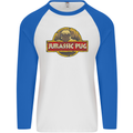 Jurassic Pug Funny Dog Movie Parody Mens L/S Baseball T-Shirt White/Royal Blue
