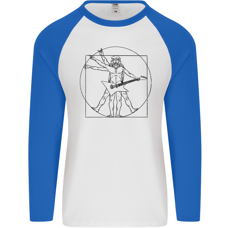 Old Rocker Vitruvian Guitarist Funny Guitar Mens L/S Baseball T-Shirt White/Royal Blue