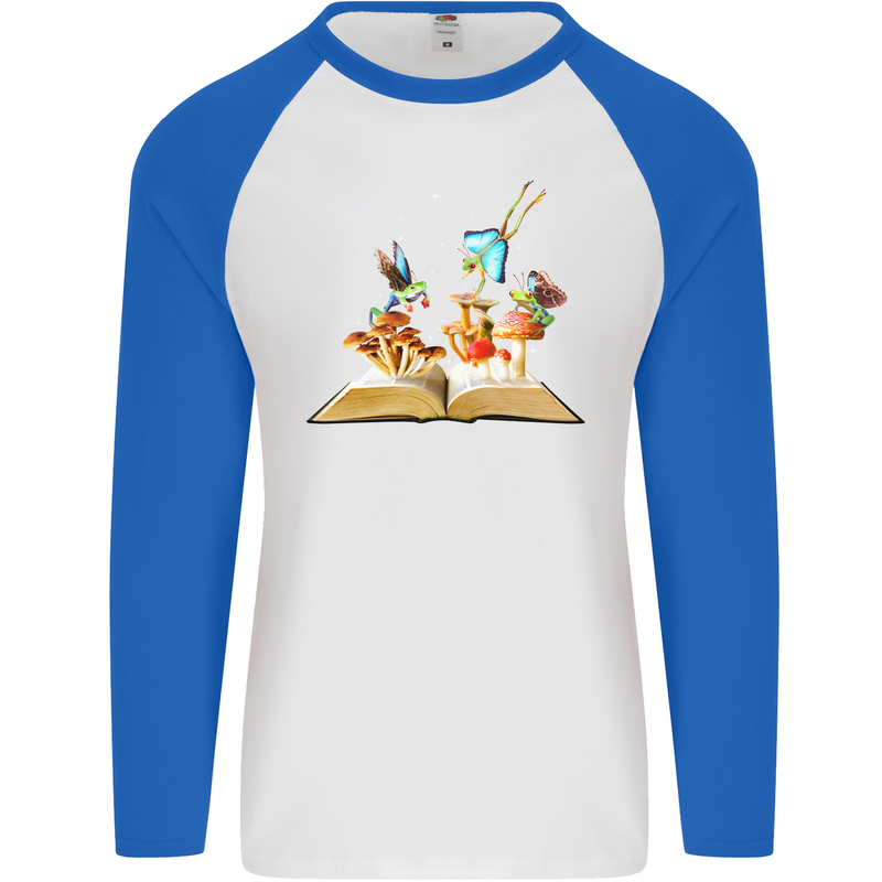 Trippy Nature Book Magic Mushrooms LSD Mens L/S Baseball T-Shirt White/Royal Blue