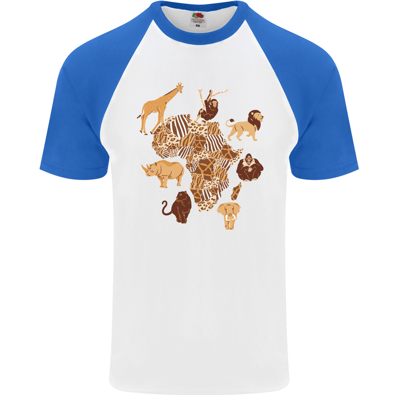 Africa Wildlife Map Giraffe Rhino Ape Elephant Lion Mens S/S Baseball T-Shirt White/Royal Blue