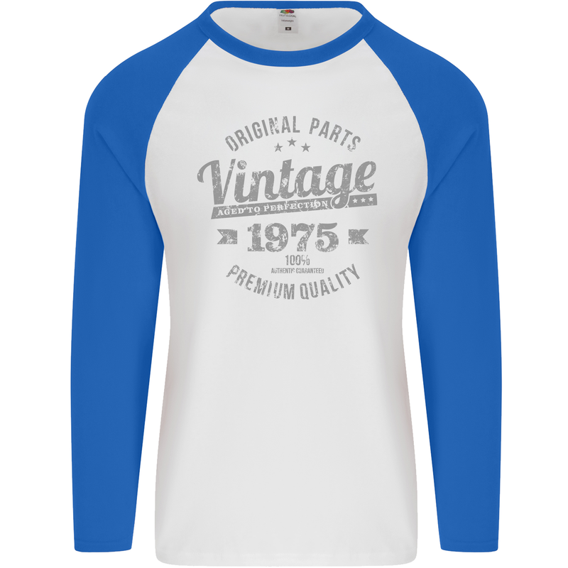 Vintage Year 48th Birthday 1975 Mens L/S Baseball T-Shirt White/Royal Blue