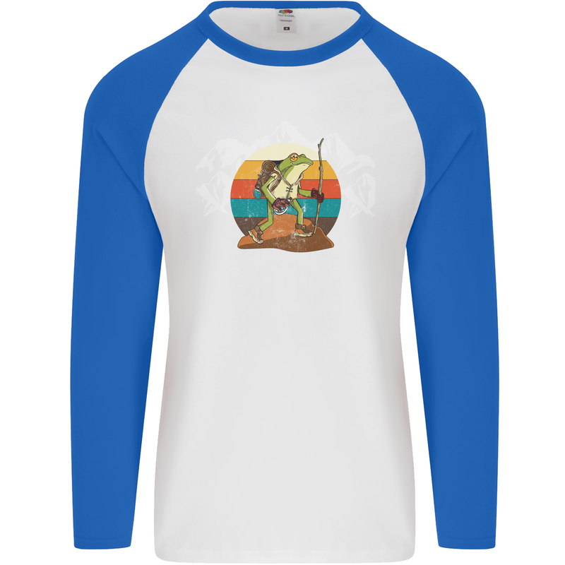 A Frog Hiking in the Mountains Trekking Mens L/S Baseball T-Shirt White/Royal Blue