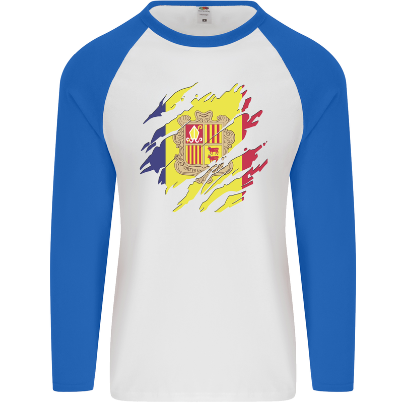 Torn Andorra Flag Andorran Day Football Mens L/S Baseball T-Shirt White/Royal Blue