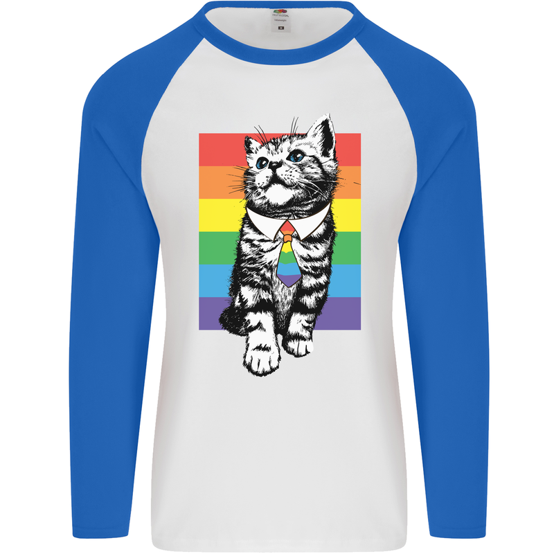 LGBT Cat Gay Pride Day Awareness Mens L/S Baseball T-Shirt White/Royal Blue