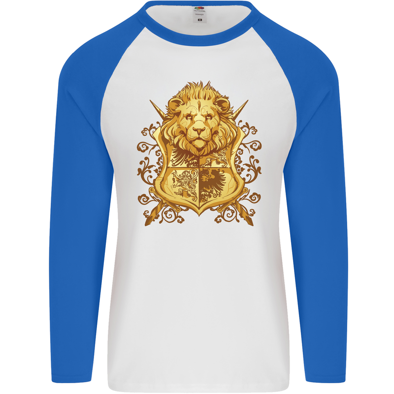 A Heraldic Lion Coat of Arms Shield Mens L/S Baseball T-Shirt White/Royal Blue