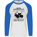 Old Man Drumming Drum Kit Drummer Funny Mens L/S Baseball T-Shirt White/Royal Blue