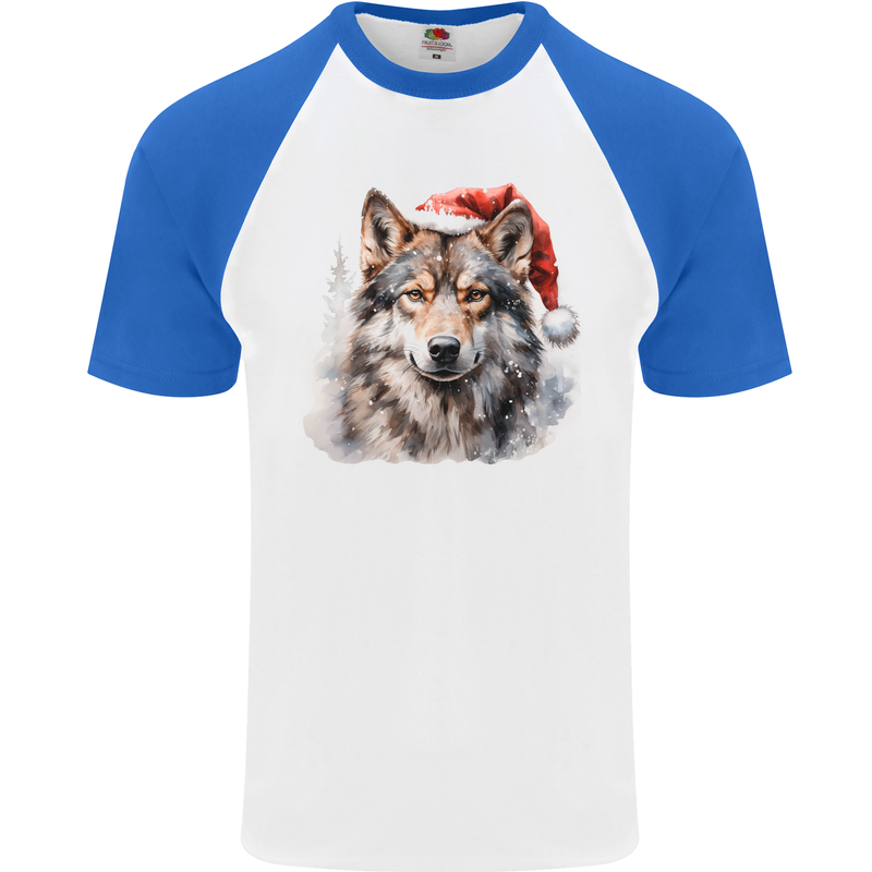 Christmas Wolf Mens S/S Baseball T-Shirt White/Royal Blue