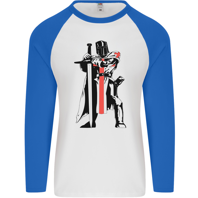 Knights Templar With Broad Sword Mens L/S Baseball T-Shirt White/Royal Blue