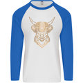 A Highland Cow Drawing Mens L/S Baseball T-Shirt White/Royal Blue