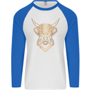 A Highland Cow Drawing Mens L/S Baseball T-Shirt White/Royal Blue