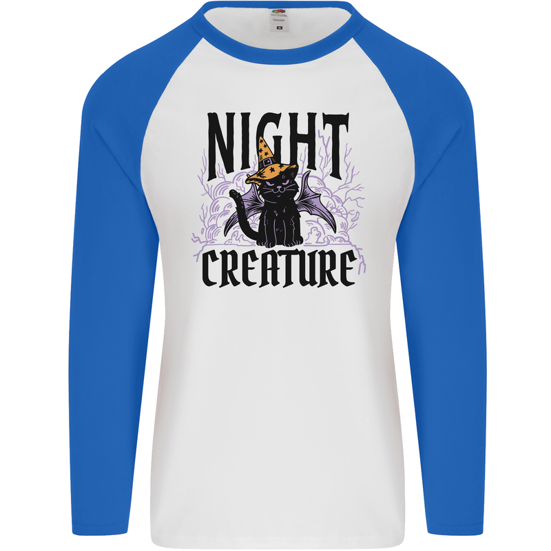 Halloween Cat Night Creature Witch Mens L/S Baseball T-Shirt White/Royal Blue