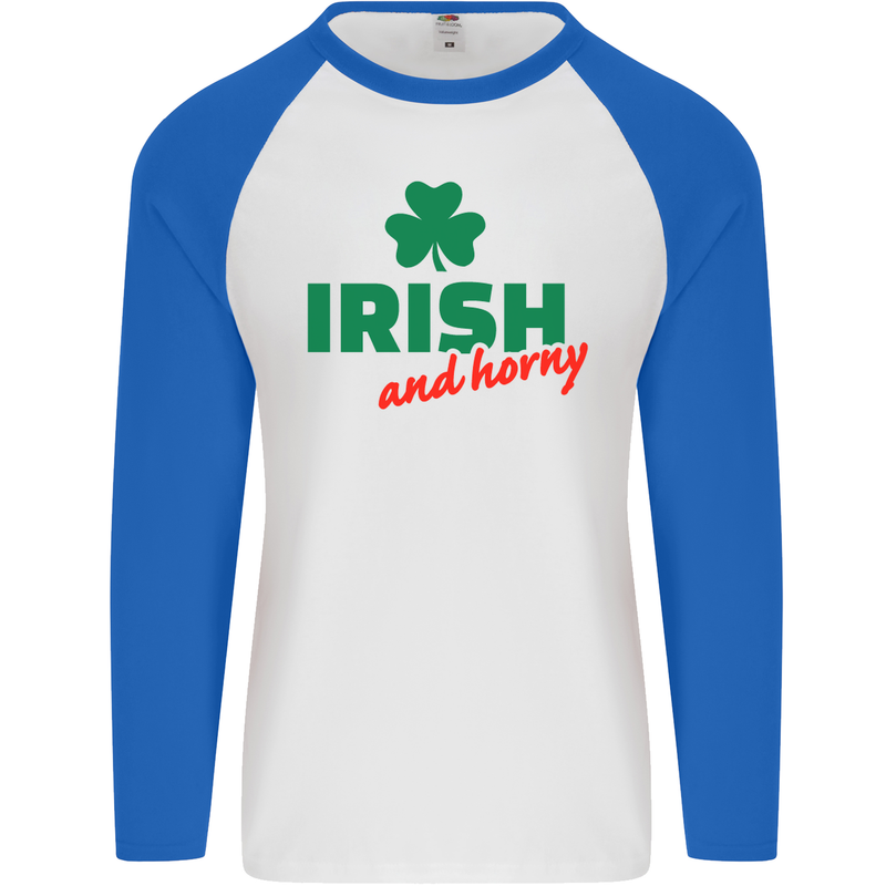 Irish and Horny St. Patrick's Day Mens L/S Baseball T-Shirt White/Royal Blue