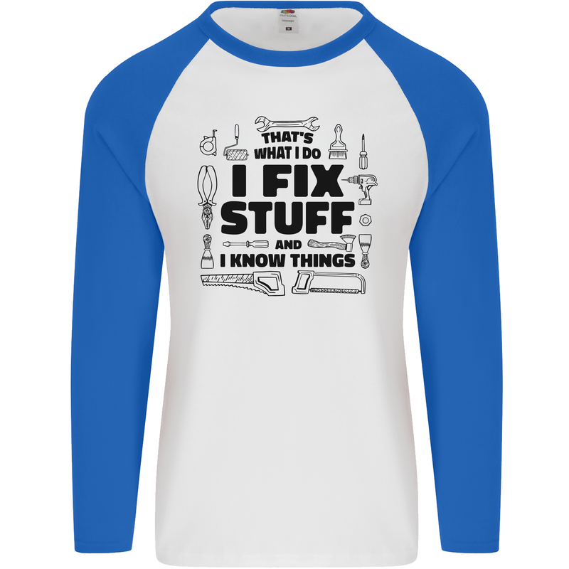 I Fix Stuff Funny Handyman Tradesman DIY Mens L/S Baseball T-Shirt White/Royal Blue