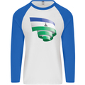 Curled Lesotho Flag Basotho Day Football Mens L/S Baseball T-Shirt White/Royal Blue