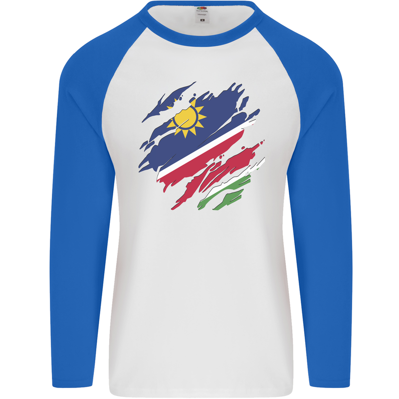 Torn Namibia Flag Namibian Day Football Mens L/S Baseball T-Shirt White/Royal Blue