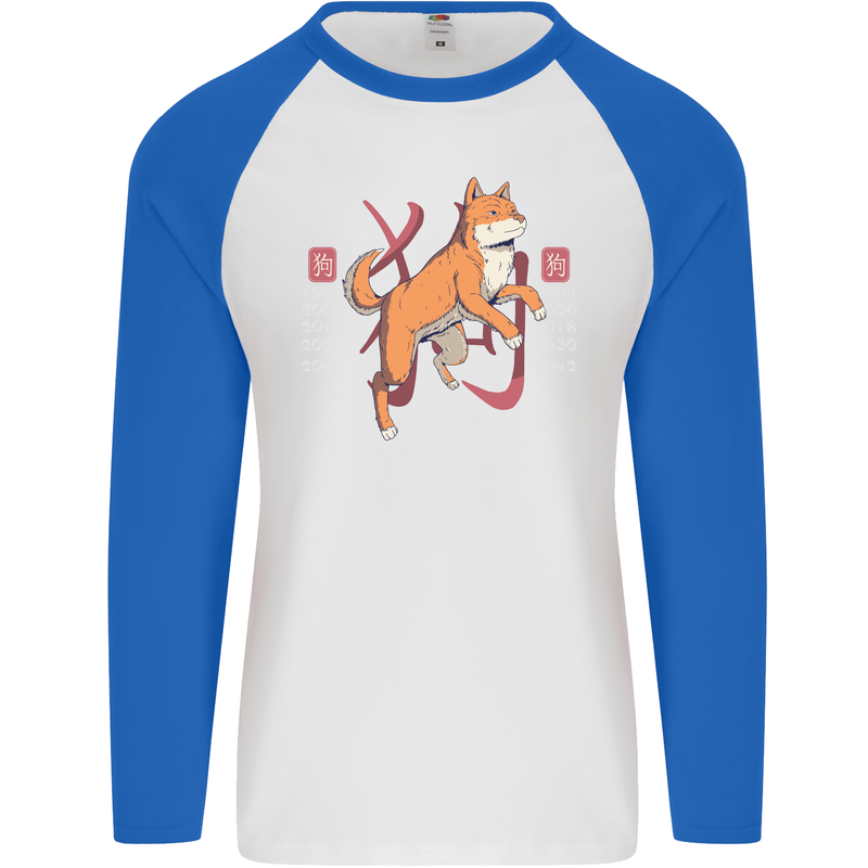 Chinese Zodiac Shengxiao Year of the Dog Mens L/S Baseball T-Shirt White/Royal Blue