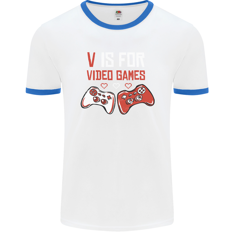 V is For Video Games Funny Gaming Gamer Mens Ringer T-Shirt White/Royal Blue