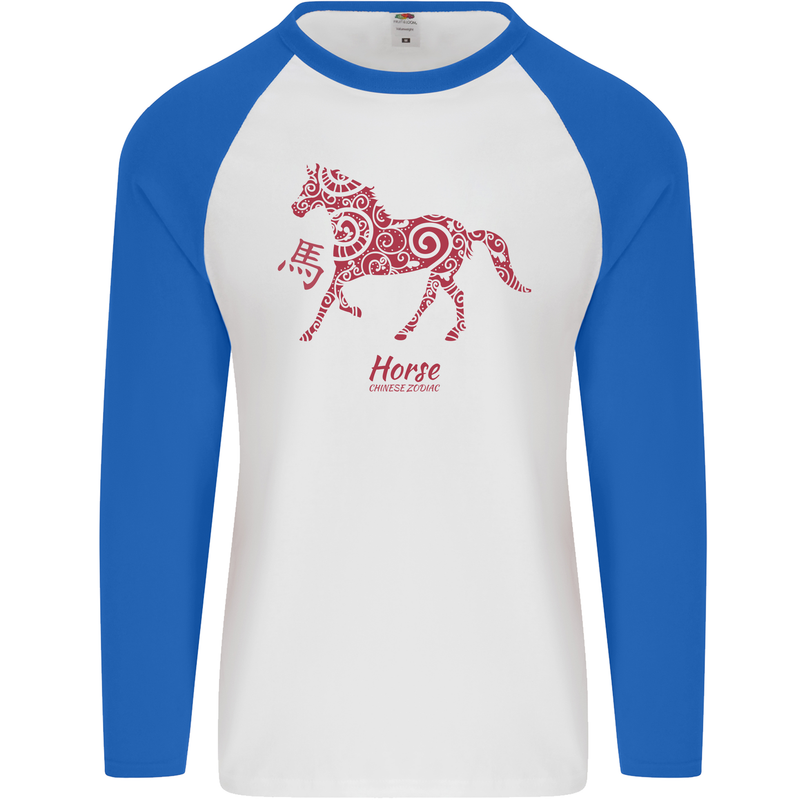 Chinese Zodiac Shengxiao Year of the Horse Mens L/S Baseball T-Shirt White/Royal Blue