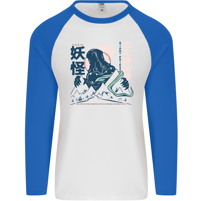 Daidarabotchi Japanese Yokai Mythology Mens L/S Baseball T-Shirt White/Royal Blue