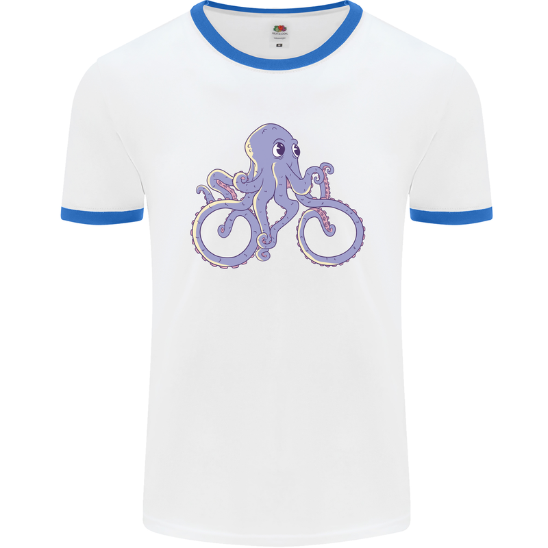 A Cycling Octopus Funny Cyclist Bicycle Mens Ringer T-Shirt White/Royal Blue