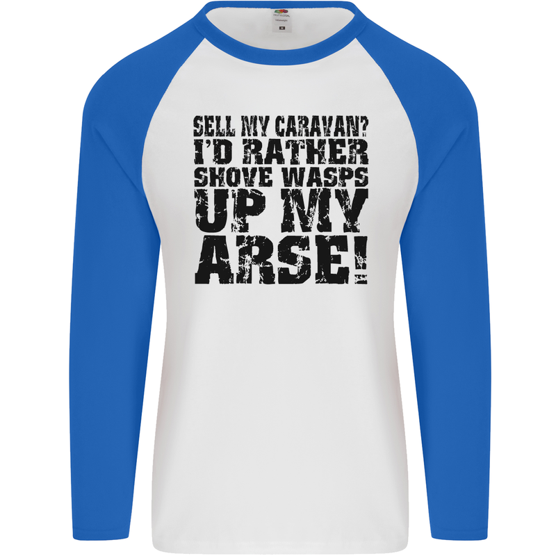 Sell My Caravan? Caravanning Funny Holiday Mens L/S Baseball T-Shirt White/Royal Blue