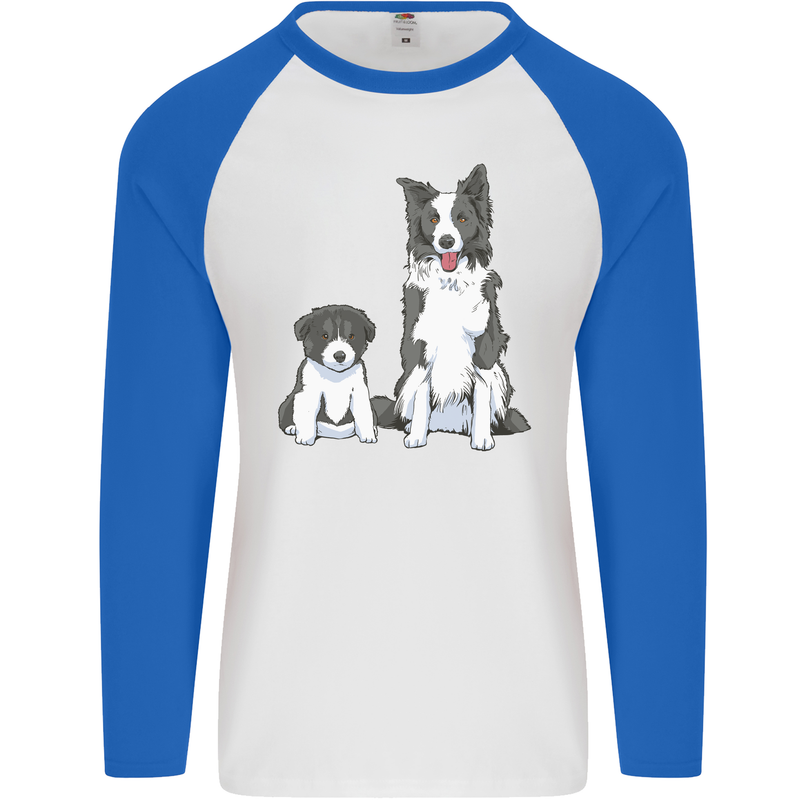 A Border Collie and Puppy Mens L/S Baseball T-Shirt White/Royal Blue