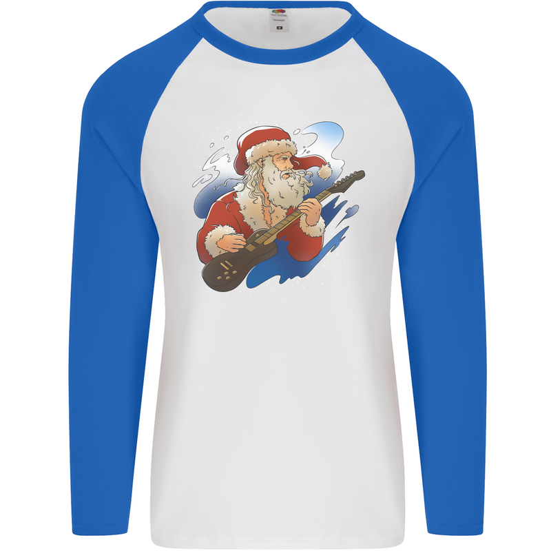 Guitar Santa Funny Christmas Rock n Roll Mens L/S Baseball T-Shirt White/Royal Blue