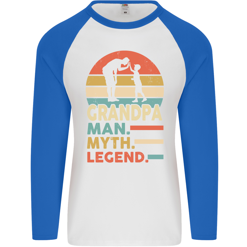 Grandpa Man Myth Legend Funny Fathers Day Mens L/S Baseball T-Shirt White/Royal Blue