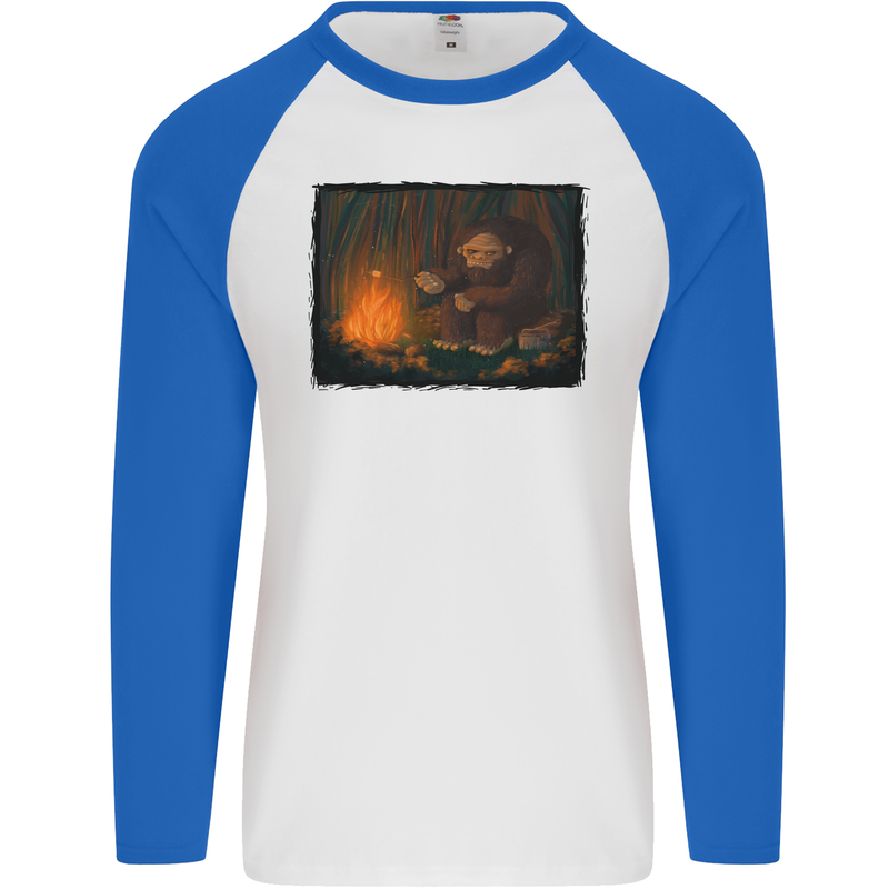 Bigfoot Camping and Cooking Marshmallows Mens L/S Baseball T-Shirt White/Royal Blue