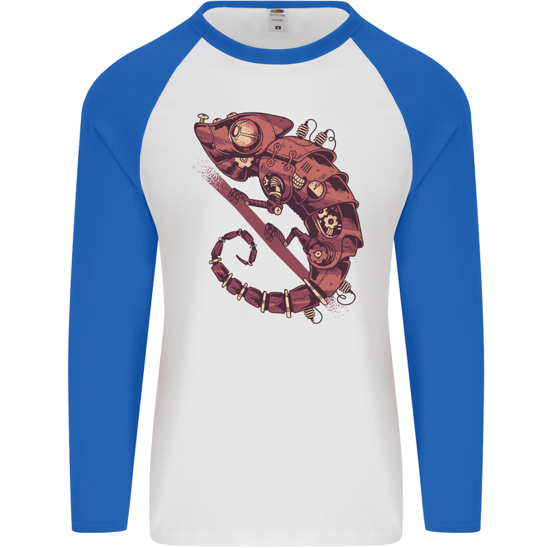 Steampunk Chameleon Iguana Reptile Lizard Mens L/S Baseball T-Shirt White/Royal Blue