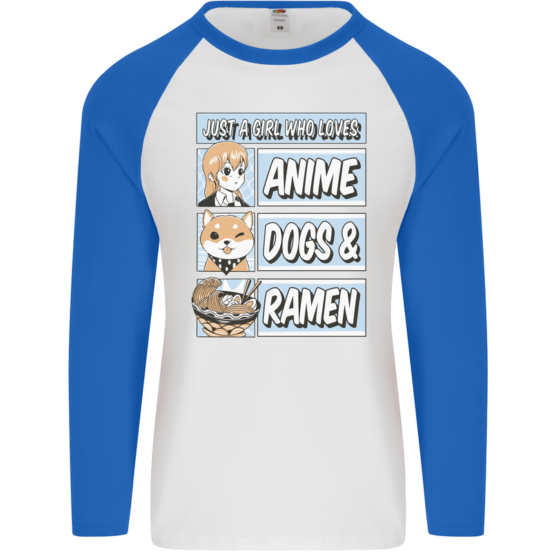 A Girl Who Loves Anime Dogs & Ramen Mens L/S Baseball T-Shirt White/Royal Blue