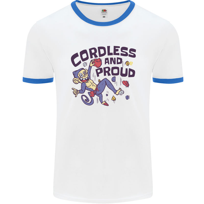 Cordless & Proud Rock Climbing Monkey Mens Ringer T-Shirt White/Royal Blue