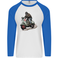 Scooter Skull MOD Moped Motorcycle Biker Mens L/S Baseball T-Shirt White/Royal Blue