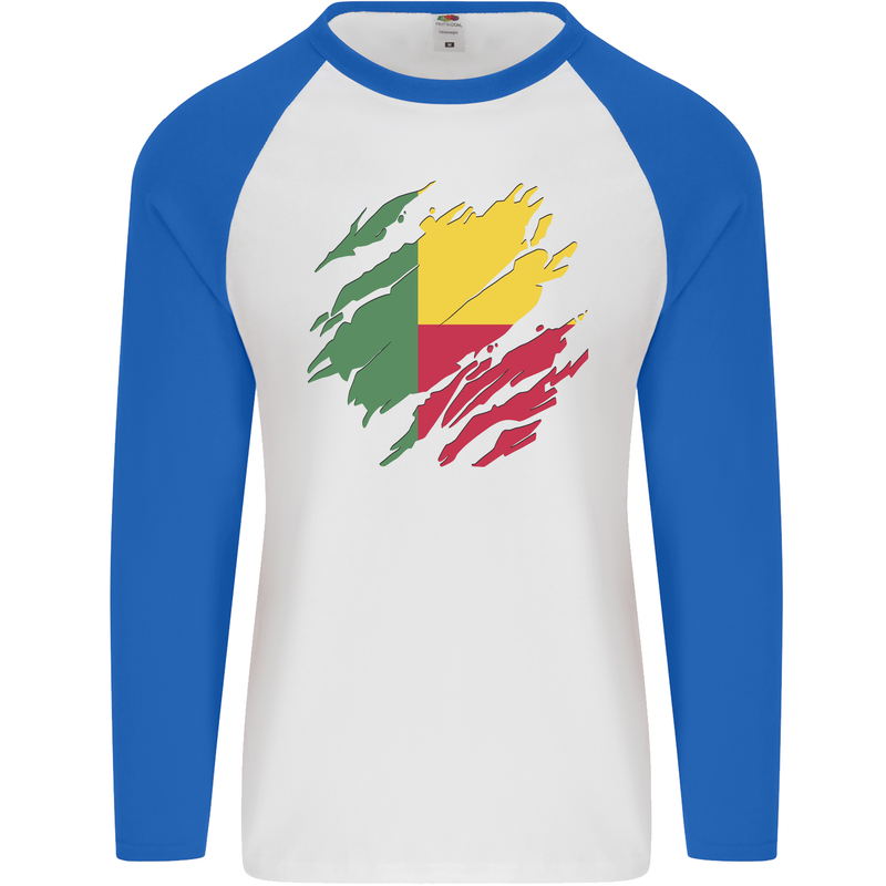 Torn Benin Flag Beninese Day Football Mens L/S Baseball T-Shirt White/Royal Blue