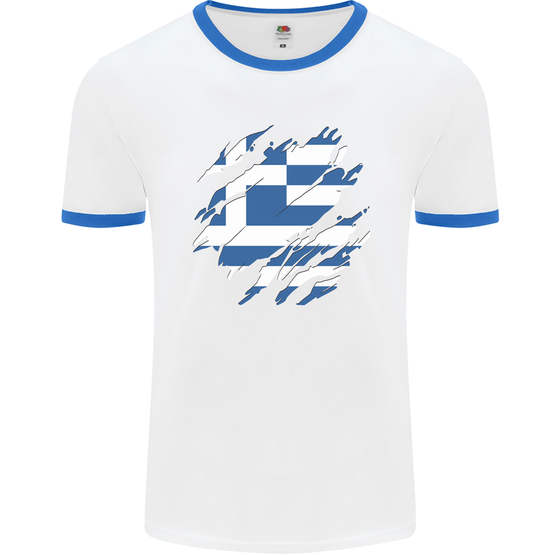 Torn Greece Flag Greek Day Football Mens Ringer T-Shirt White/Royal Blue