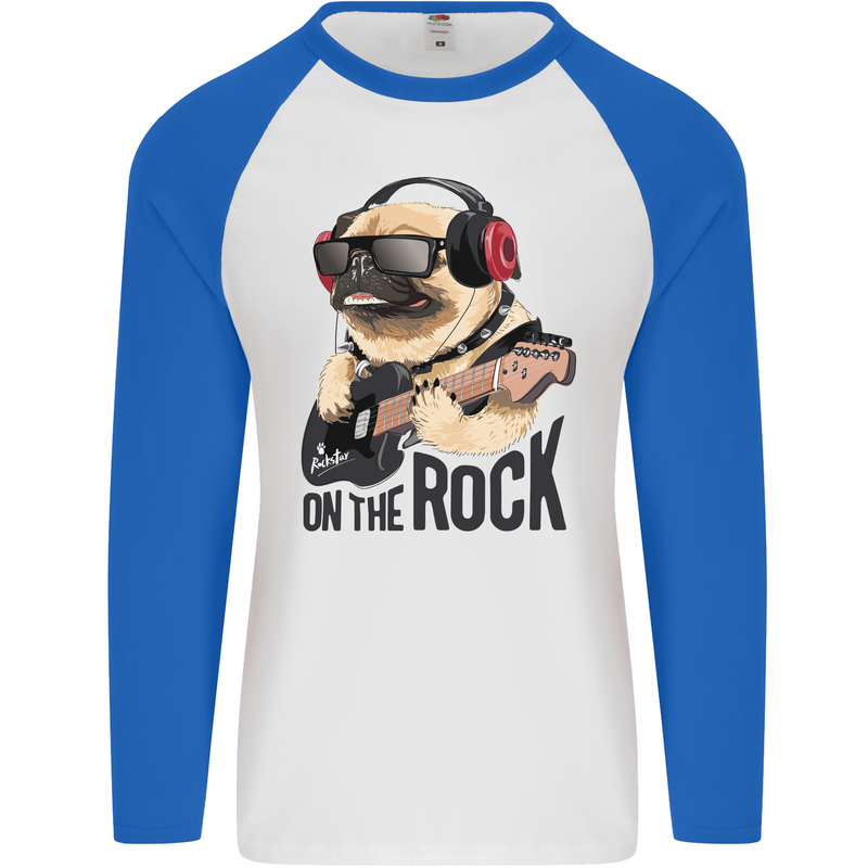 Rock n Roll Pug Funny Guitar Heavy Metal Mens L/S Baseball T-Shirt White/Royal Blue